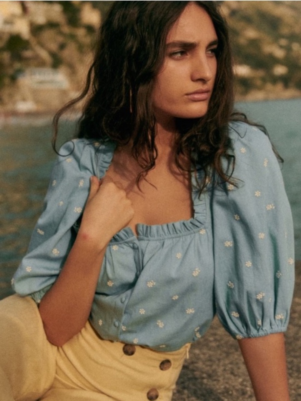 Sézane Kellia Light Denim Chambray Ruffle Embroidered Blouse - FR/34-US/2